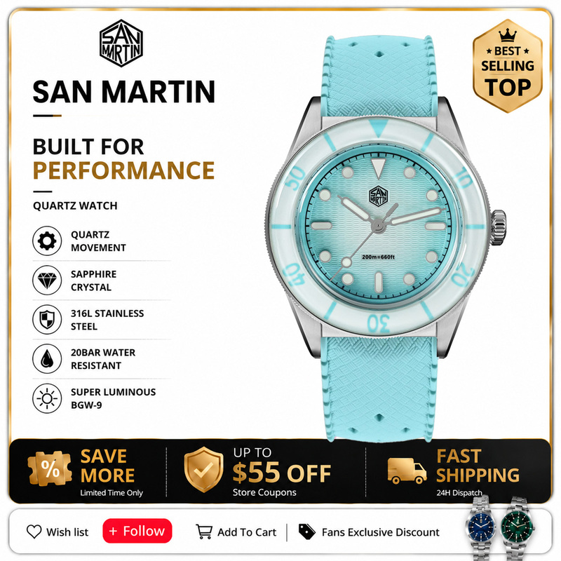 Sapphire Crystal Display - San Martin Nuovo Modello 32.5mm Orologio